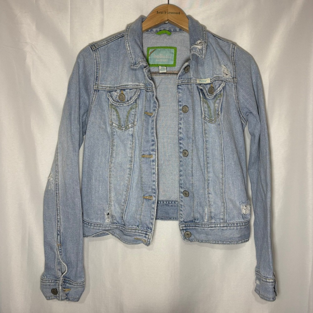 Hollister Womens Distressed Light Wash Denim Trucker‎ Jacket Blue Size M